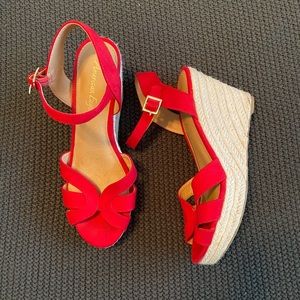 Red Faux Suede Espadrille Wedge Sandals